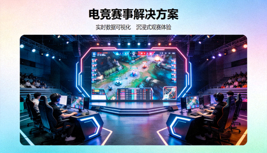 电竞赛事舞台大屏与选手比赛现场，用于电竞赛事解决方案展示