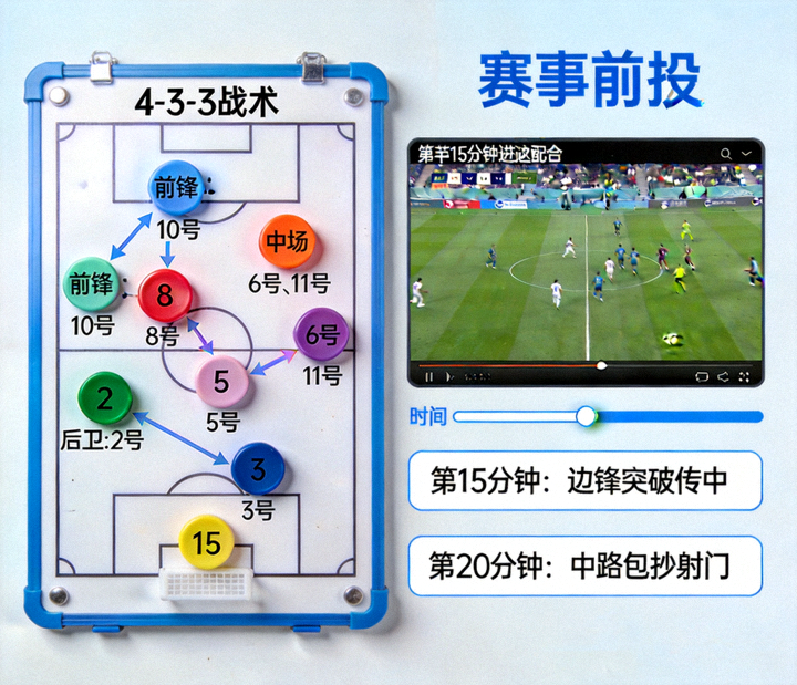 足球战术板与比赛录像分析画面，用于赛事前瞻内容配图